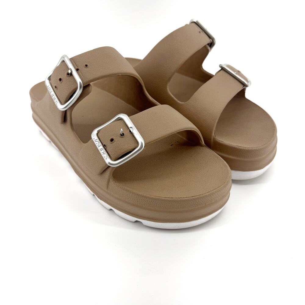 J/Slides Simply B Dual-Buckle Slide Sandals - Size 10 - Platform Summer Tan